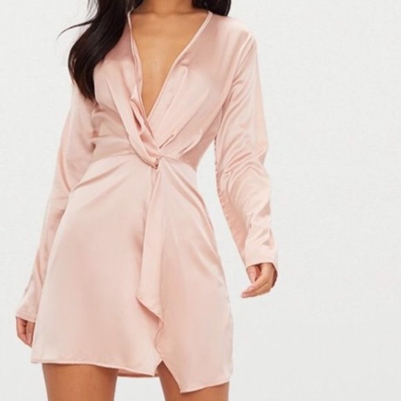 PrettyLittleThing Dresses & Skirts - NWT Pretty Little Thing Nude Satin Long Sleeve Wrap Dress sz 6